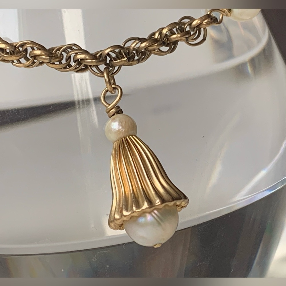 Vintage Genuine Pearl Gold Plated Bell Fluted Cup Bracelet Woman’s Jewelry